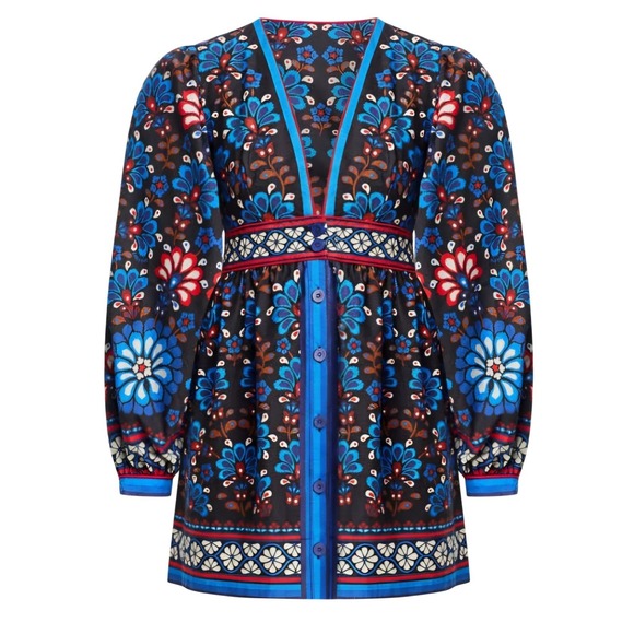FARM Rio Dresses & Skirts - FARM RIO Latina Scarf Mini Dress Sz Medium Blue Mosaic Floral Cotton Long Sleeve